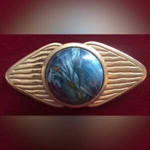 Vintage Blue Art Glass Cabochon Bar Brooch Gold Tone Ribbed Statement Pin
